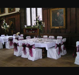 Wedding Durham Castle - White Chair Covers Wine Organza Bow