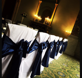 Navy Blue Satin Bows on White Made to Measure Chair Covers
