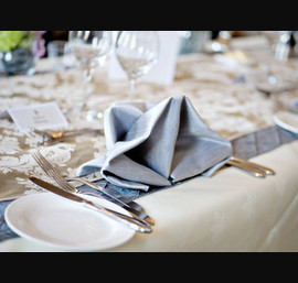 Silver Pintuck Chair Covers - Silver Pintuck Table Runners and Gold Flock Table Runners