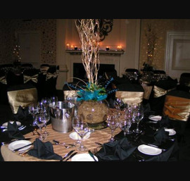 Black table linen with Gold Pin Tuck Table Runner and Accessories at Close House Hotel