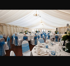 Peackock Blue Organza Bow on White Chair Covers, Dissington Hall Hotel
