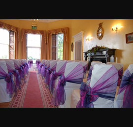 Purple and Navy Side Sash, on White Chair Covers Dissington Hall Garden Room