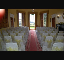 Dissington Hall, Garden Room, White Chair Covers and Lemon Organza Bow