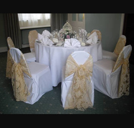 Gold Flock Ties on White Chair Covers, The Billiard Room, Dissington Hall