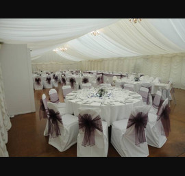 Aubergine Organza Sash on White Chair Covers - Marquee, Dissington Hall