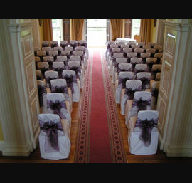The Garden Room - Cadburys Purple Sash on White Chair Covers, Dissington Hall