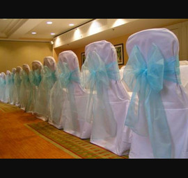 White Chair Covers and Large Baby Blue Bows - Durham Marriott