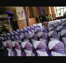 Cadburys Purple Organza Bows on White Chair Covers, Redworth Hall Hotel Darlington