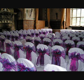 Pink/Purple Two Tone Organza Bows on White Chair Covers, Redworth Hall Hotel Darlington