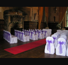 Purple Organza Bows on White Chair Covers Redworth Hall Hotel, Darlington