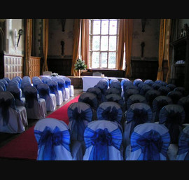 Royal Blue Organza Bows on Made to Measure White Chair Covers, The Great Hall, Redworth Hall
