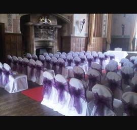 Heather Sashes on White Made to Measure Chair Covers, Redworth Hall, Darlington