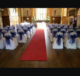 Navy Blue Pearl Organza Bows on White Chair Covers, Redworth Hall Hotel