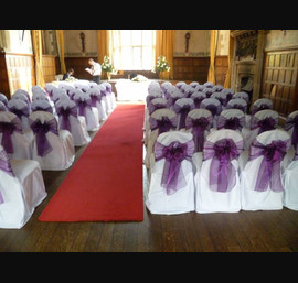 Aubergine Organza Sash, white Chair Covers Redworth Hall Hotel, Photo c/o Mike Kellett Toast Master