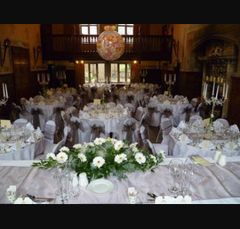 Mink Pearl Oranza Bows on White Chair Covers, Redworth Hall Hotel