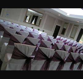 Aubergine Organza Side Sash on White Chair Covers, Rockliffe Hall Hotel