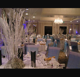 Ice Cold - Fire and Ice Ball, White Chair Covers, Ice Blue Organza Bows, Rockliffe Hall