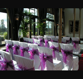 Purple/Pink Two Tone Sash on White Chair Covers - The Orangery, Rockliffe Hall Hotel