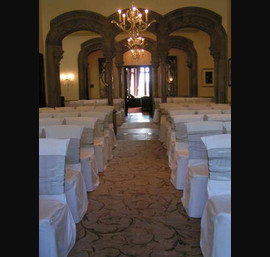 Rockliffe Hall Darlington - White Chair Covers with Silver Sash