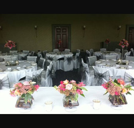 Seaham Hall - Silver Sashes with Coral and pink flowers
