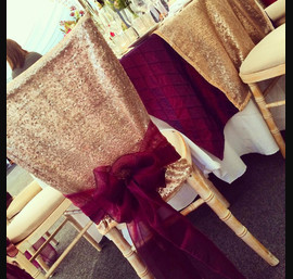 Sequin Chair Caps with Wine Organza Bows
