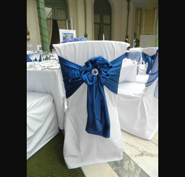White Chair Covers with Sapphire Blue Satin Sash
