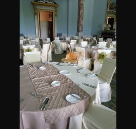 Golds, greens and bronzes on butter linen at Wynyard Hall