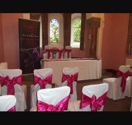 White Chair Covers with Hot Pink Satin Sashes