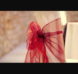 Burgundy Organza Sashes on White Chair Covers at Browsholme Hall, Clitheroe