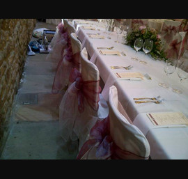Blush Pink & Ivory Organza Double Bows on White Chair Covers at Browsholme Hall, Clitheroe