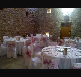 Blush Pink & Ivory Organza Double Bows on White Chair Covers at Browsholme Hall, Clitheroe