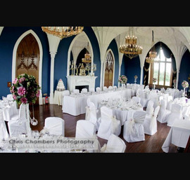 Champagne organza side sashes on White Chair Covers at Allerton Castle