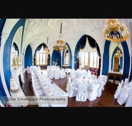 Champagne organza side sashes on White Chair Covers at Allerton Castle