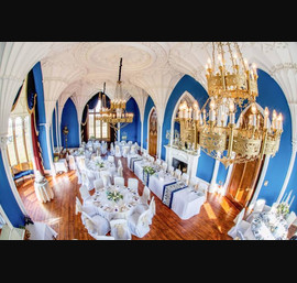 Champagne flocked organza sashes on white chair covers at Allerton Castle, Harrogate http://www.chrischambersphotography.co.uk/