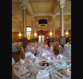 Champagne Organza Sashes on white chair covers at the Crown Hotel Harrogate