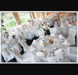 Champagne flock sashes on white chair covers at the Old Swan Hotel, Harrogate