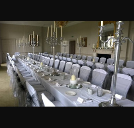 Silver Organza sashes on White Chair Covers at Rudding Park, Harrogate
