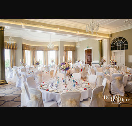 Camp[agne Organza sashes on white chair covers at Rudding Park