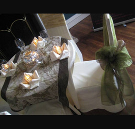 Olive, Bronze and Gold Flock Sashes on Butter Chair Covers at Fasque House