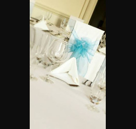 Blue Sashes on White Chair Covers at Fasque House