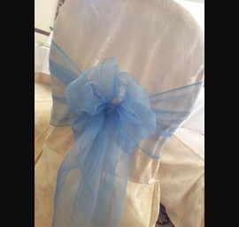 Cornflower Blue Sashes on venue's own chair covers at Norwood Hall