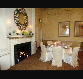 Champagne flock chair back on white chair cover
