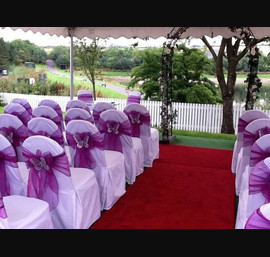 Cadbury purple single bow on white chair cover with butterfly brooch at Forbes of Kingennie