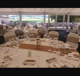 Burlap and lace on white chair covers