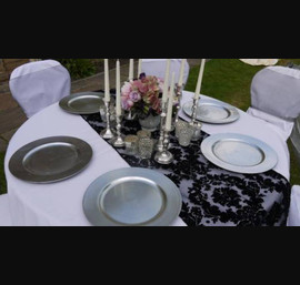 NEW! Black Flock table runner edged with black beading on crisp white linen
