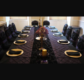 Black table cloth, Heather pin tuck & black flock runner at White Swan Alnwick