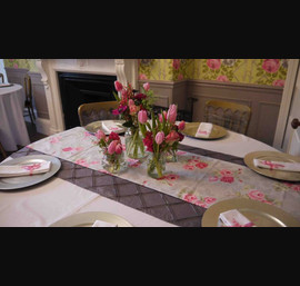 Floral runner with silver pin tuck taffeta runner at Woodhill Hall